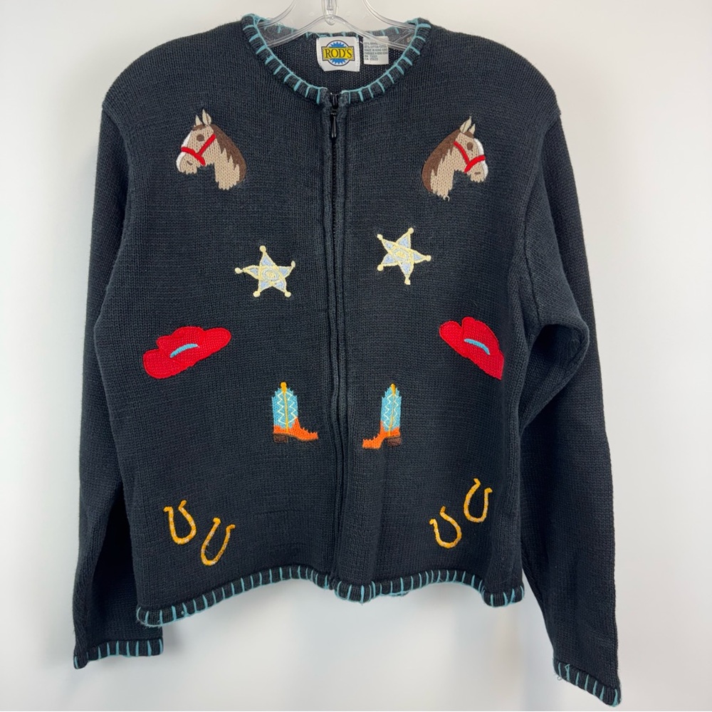 Vintage Rod's Western Zip Up Cardigan Black Knit Women's Size Medium
